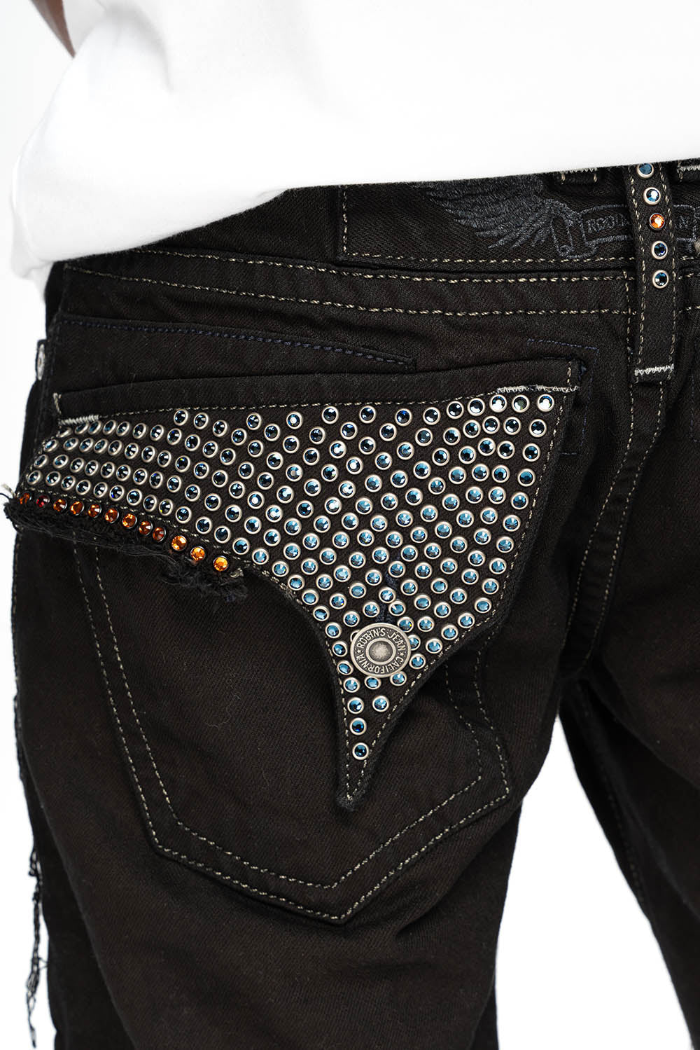 MENS DESTROYED SHORTS WITH FLAP POCKET IN PURE BLACK WASH WITH CRYSTALS - Image 3
