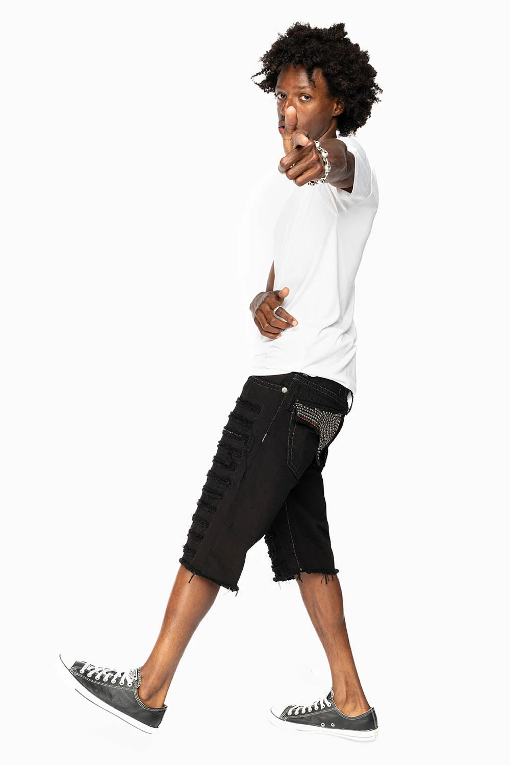 MENS DESTROYED SHORTS WITH FLAP POCKET IN PURE BLACK WASH WITH CRYSTALS - Image 4