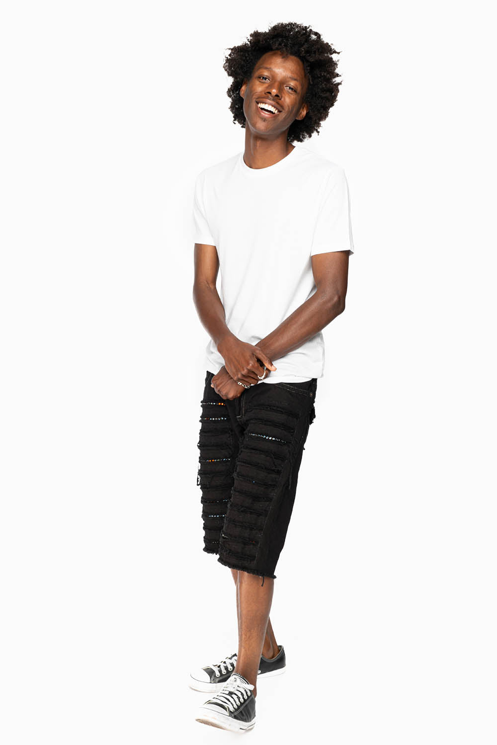 MENS DESTROYED SHORTS WITH FLAP POCKET IN PURE BLACK WASH WITH CRYSTALS - Image 5