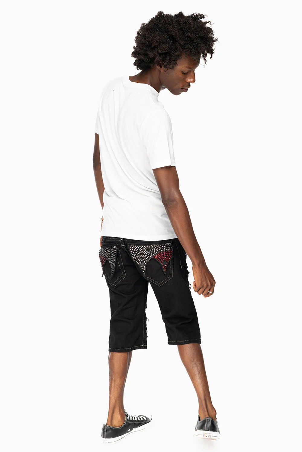 MENS DOUBLE FLAP DESTROYED SHORTS  IN PURE BLACK WASH WITH  CRYSTALS