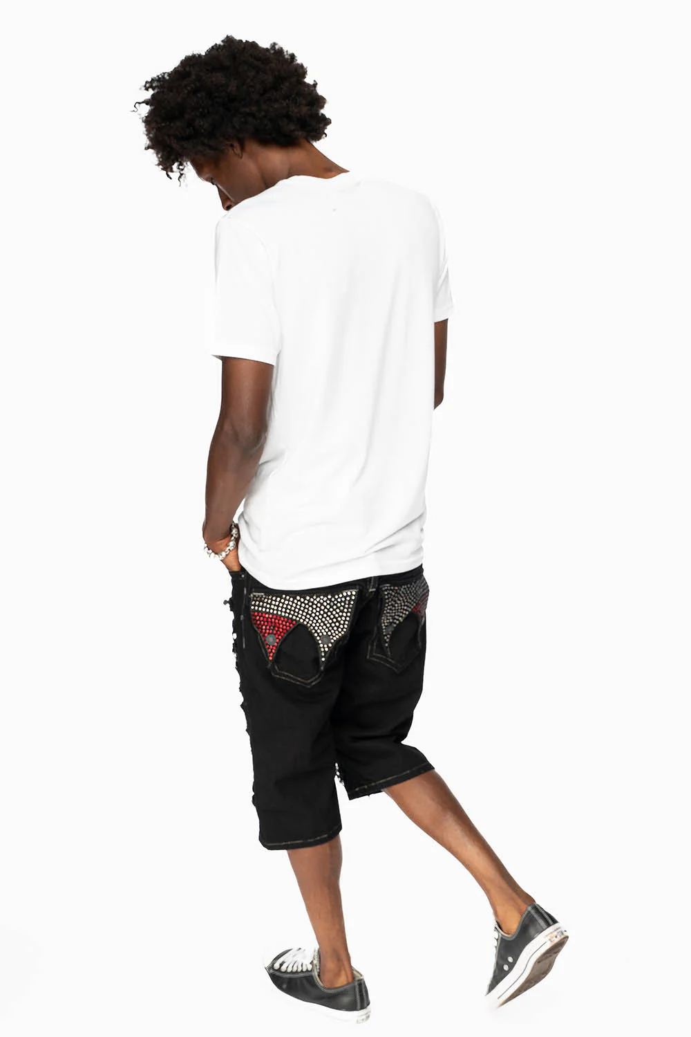 MENS DOUBLE FLAP DESTROYED SHORTS  IN PURE BLACK WASH WITH  CRYSTALS - Image 4