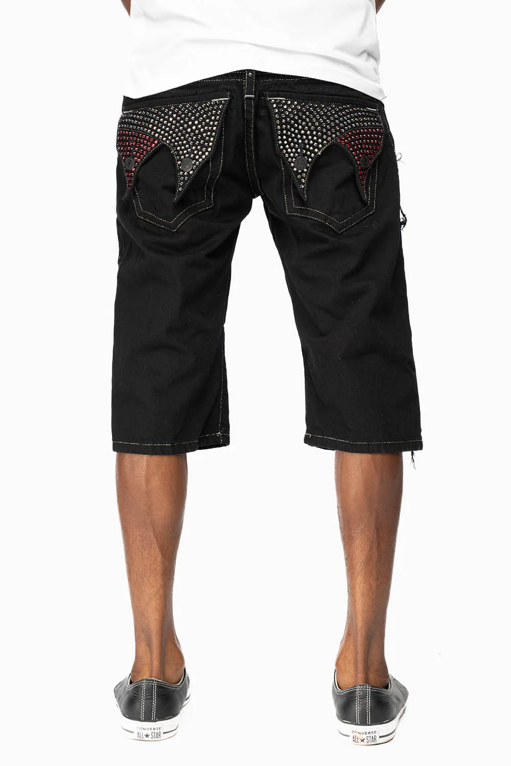 MENS DOUBLE FLAP DESTROYED SHORTS  IN PURE BLACK WASH WITH  CRYSTALS - Image 6