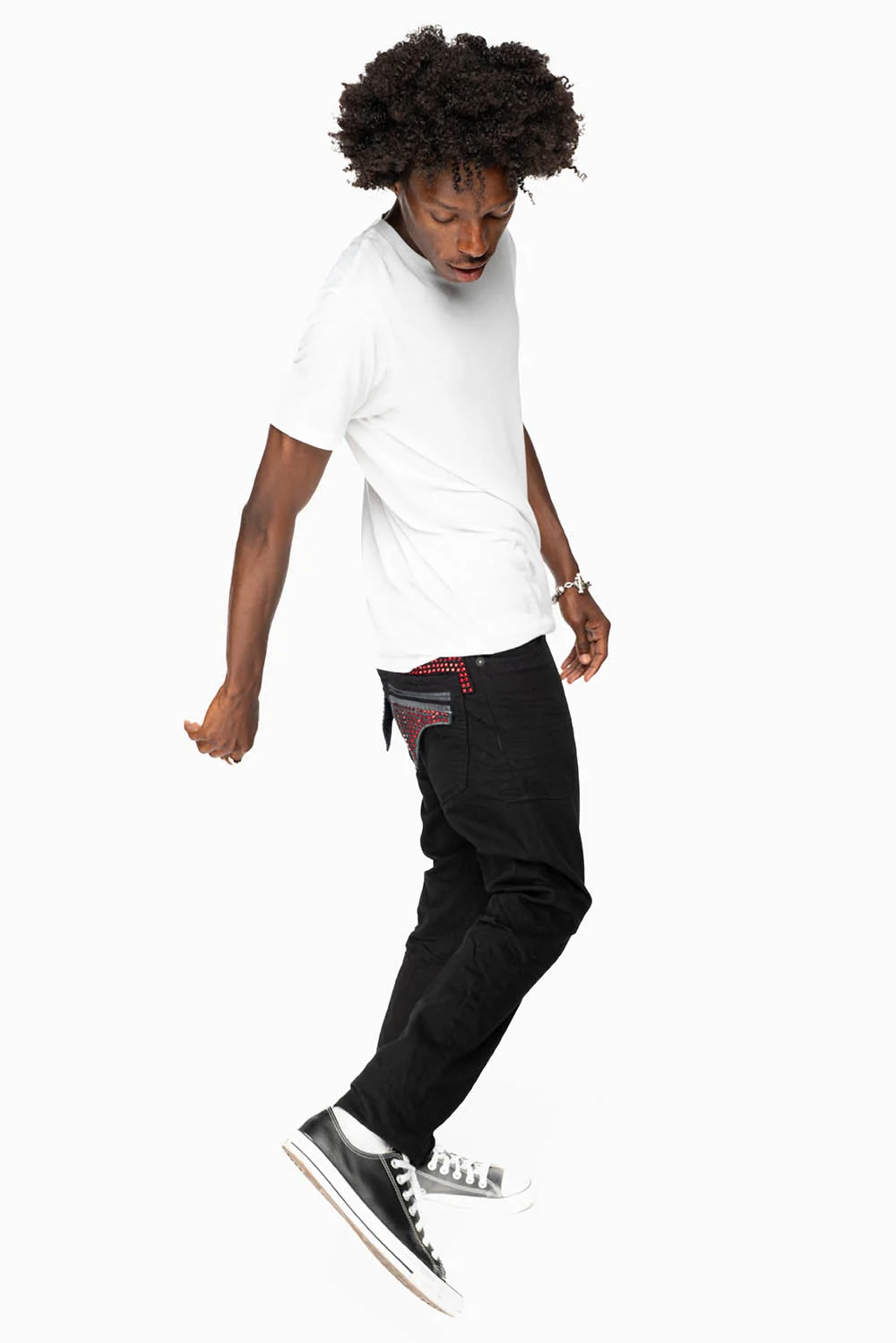 MENS FLAP POCKET SLIM JEANS IN PURE BLK WASH WITH CRYSTALS - Image 3