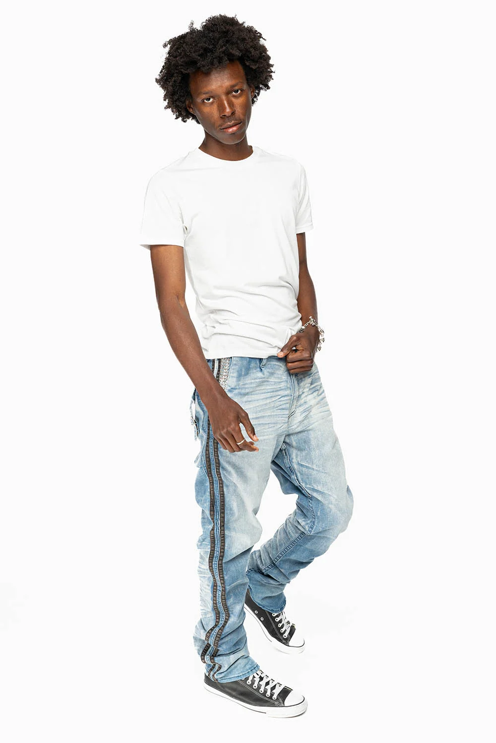 MENS WARRIOR MILITARY JEAN- PANTS IN BLUE OMAHA LIGHT WASH WITH CRYSTALS