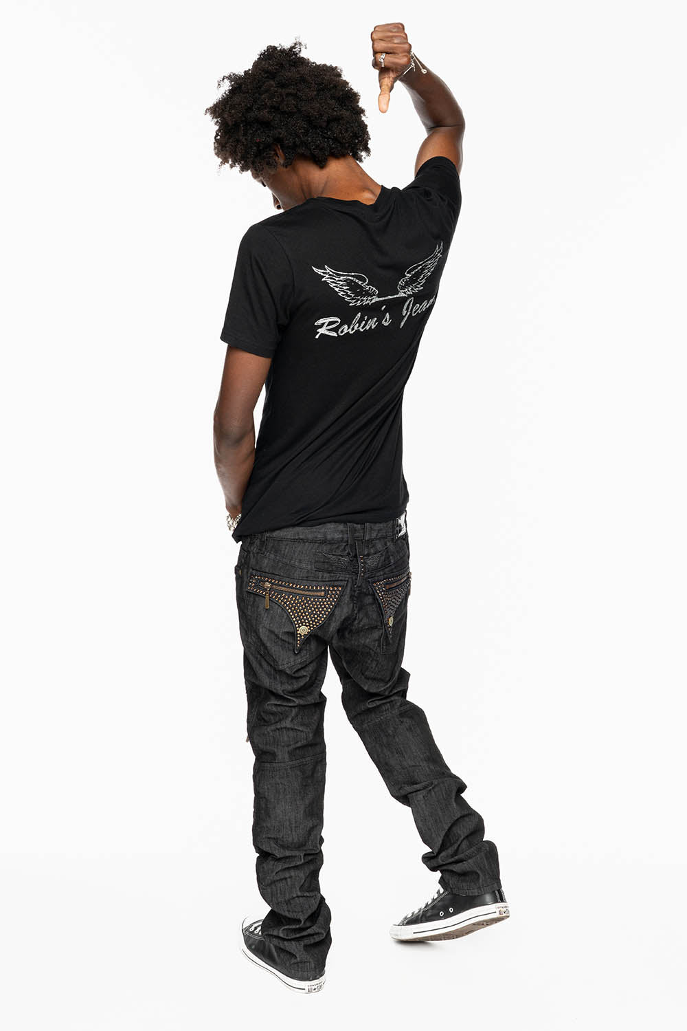 MENS LONG FLAP BIKER JEANS IN BLK DENIM WITH SMOKY TOPAZ CRYSTALS - Image 2