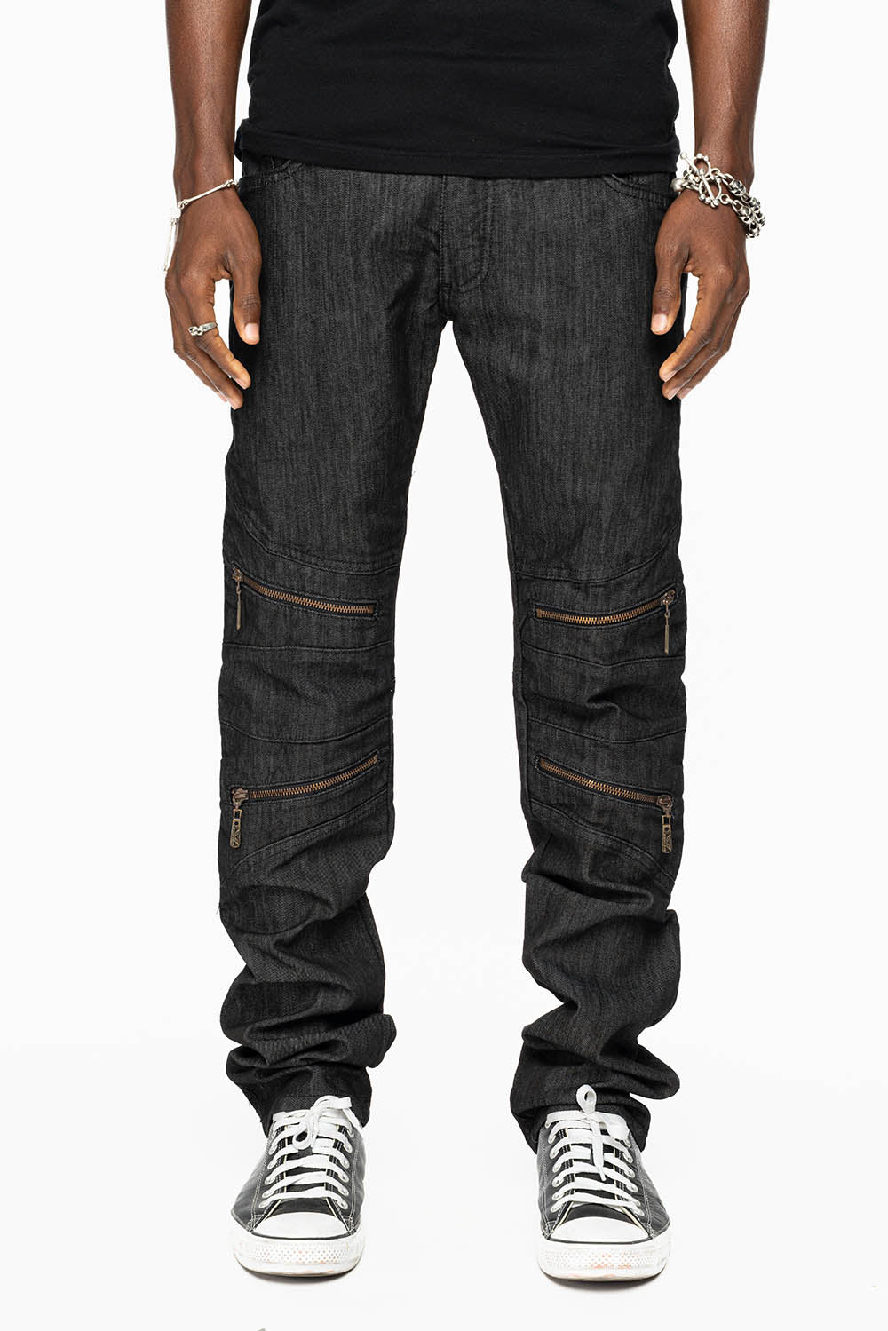 MENS LONG FLAP BIKER JEANS IN BLK DENIM WITH SMOKY TOPAZ CRYSTALS - Image 3