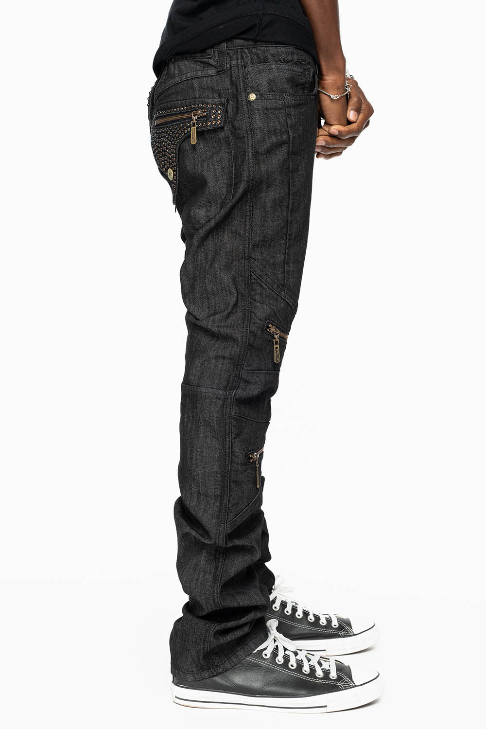 MENS LONG FLAP BIKER JEANS IN BLK DENIM WITH SMOKY TOPAZ CRYSTALS - Image 5