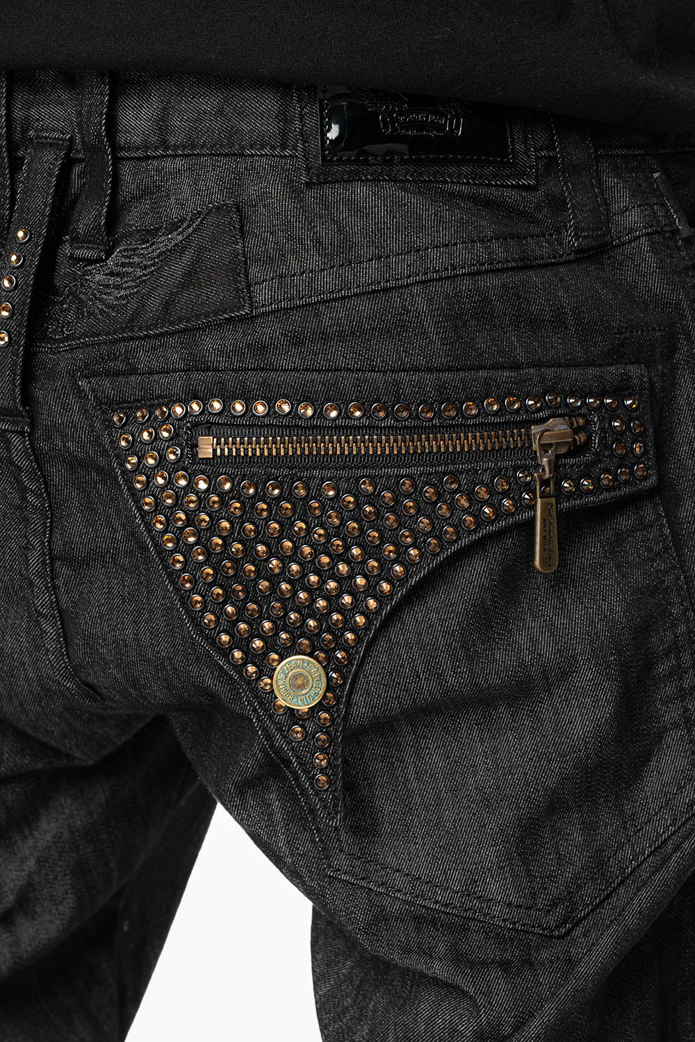 MENS LONG FLAP BIKER JEANS IN BLK DENIM WITH SMOKY TOPAZ CRYSTALS - Image 6