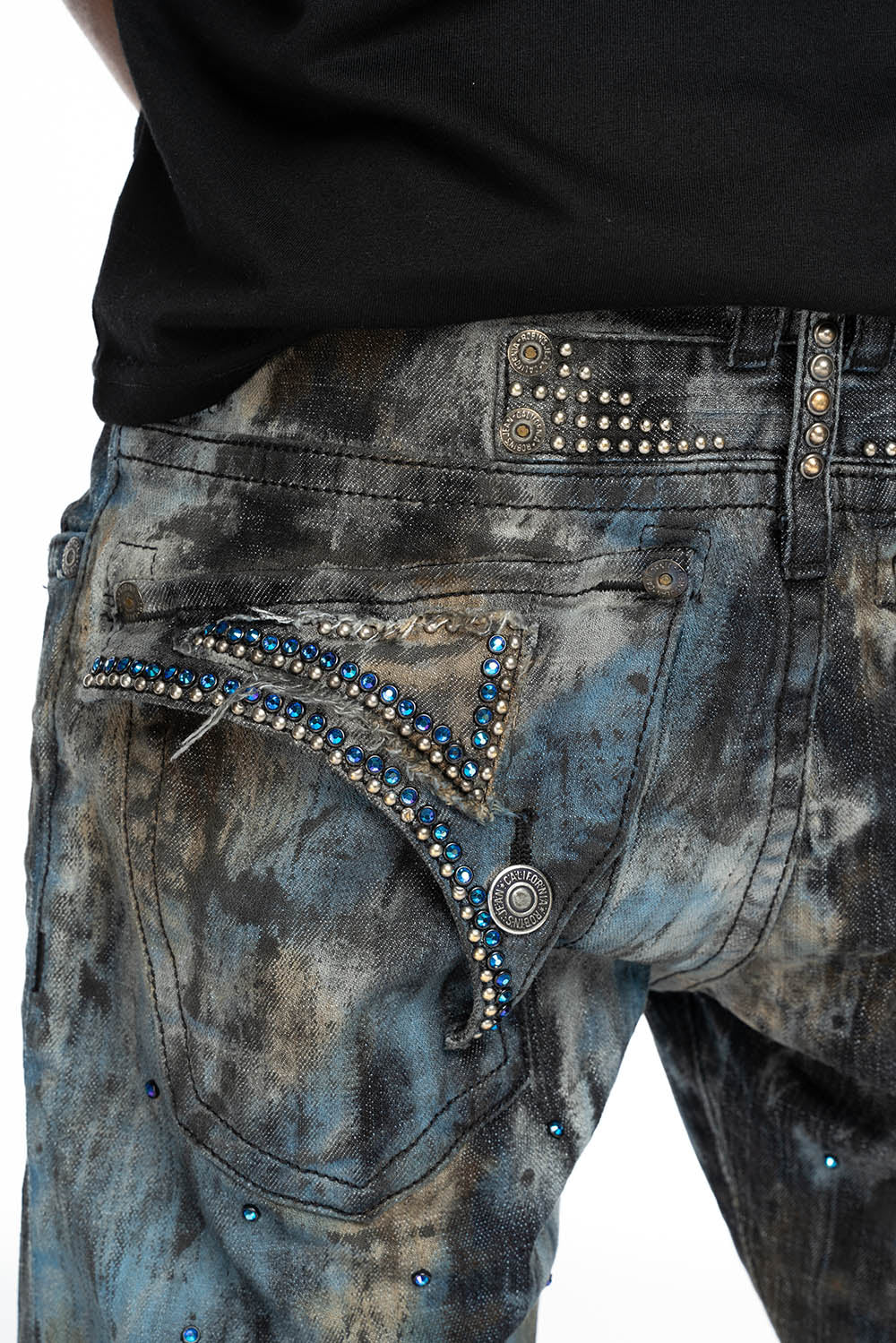 MENS LONG FLAP BOOT CUT JEANS IN BABA BLUE WASH WITH CRYSTALS AND STUDS - Image 3