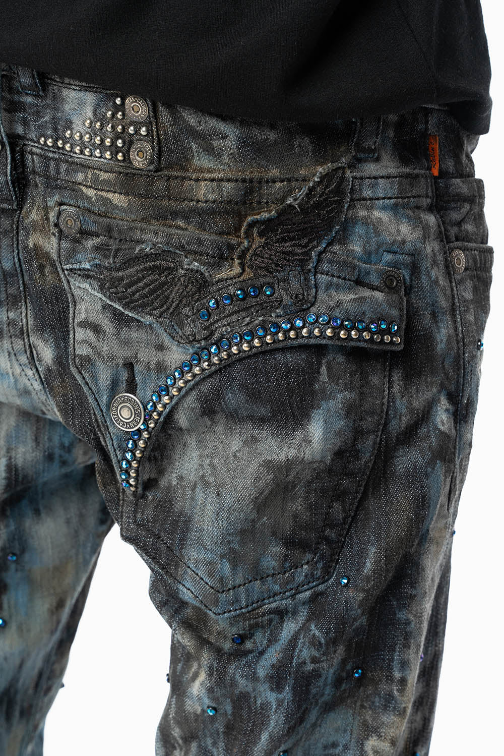 MENS LONG FLAP BOOT CUT JEANS IN BABA BLUE WASH WITH CRYSTALS AND STUDS - Image 4