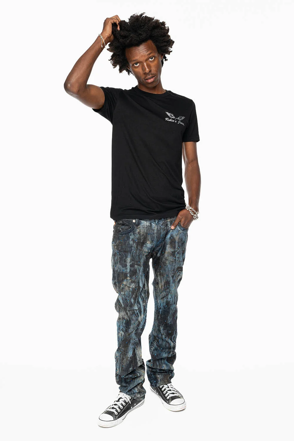 MENS LONG FLAP BOOT CUT JEANS IN BABA BLUE WASH WITH CRYSTALS AND STUDS - Image 7