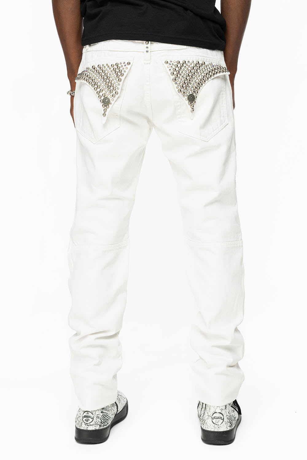 MENS LONG FLAP MOTARD BIKER JEANS IN WHITE WITH STUDS AND CRYSTALS - Image 3