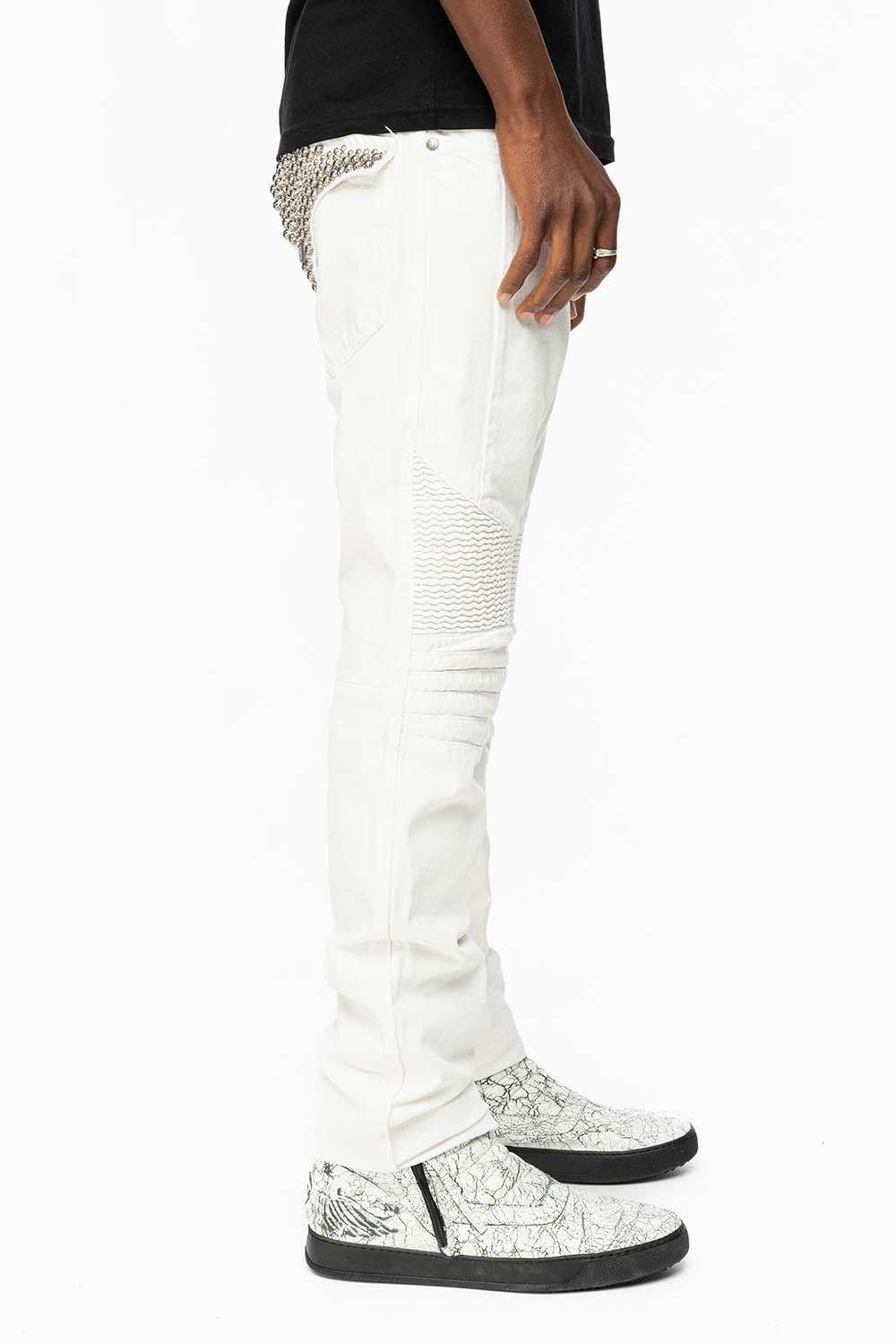 MENS LONG FLAP MOTARD BIKER JEANS IN WHITE WITH STUDS AND CRYSTALS - Image 5