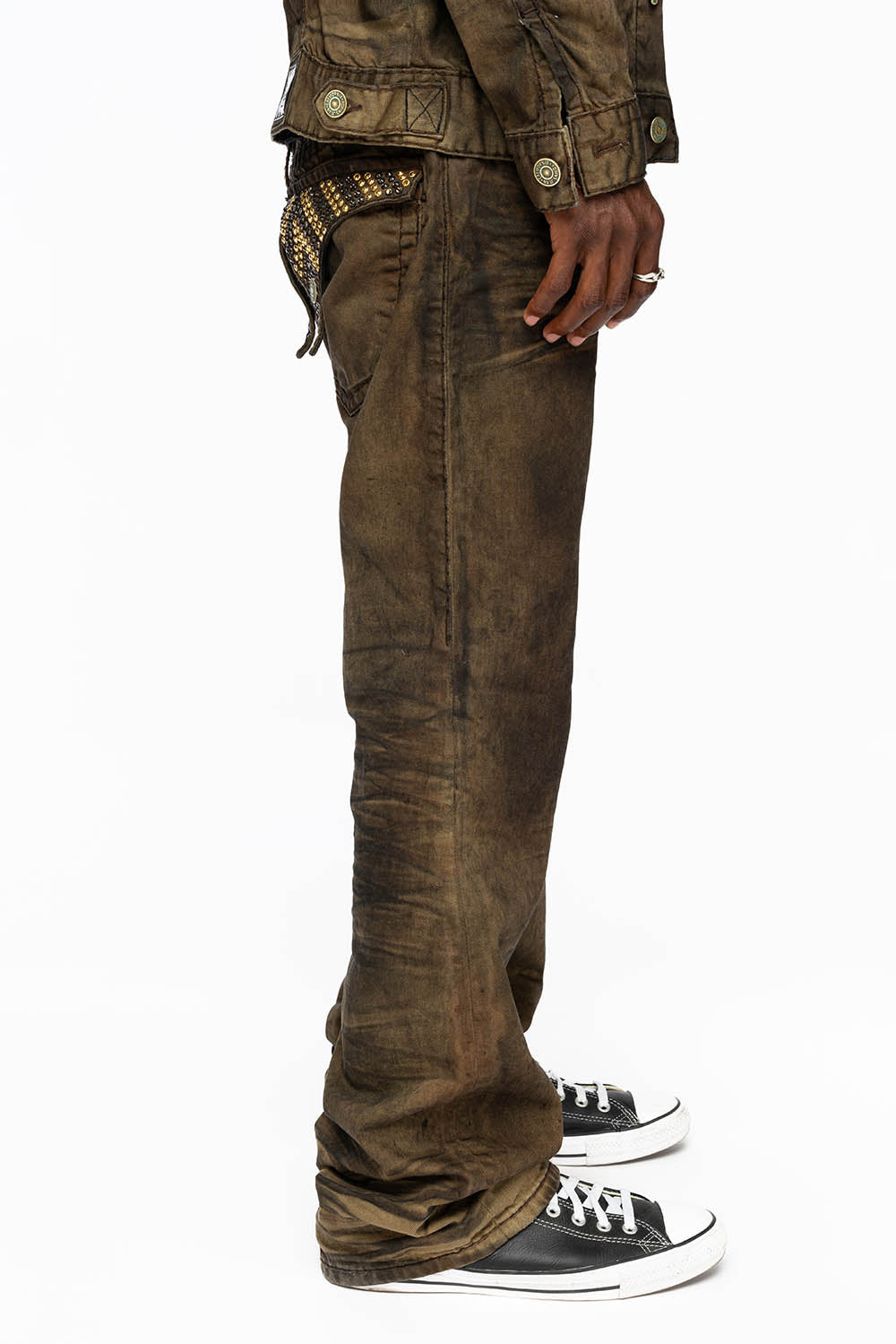 MENS LONG FLAP BOOT CUT JEANS WITH CRYSTALS IN FASHION VINTAGE BROWN - Image 5