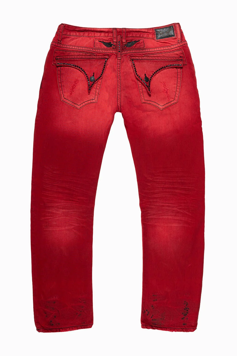 MENS LONG FLAP SLIM JEANS EMBELLISHED WITH BLK CRYSTALS IN BROKEN F-UP-RED WASH