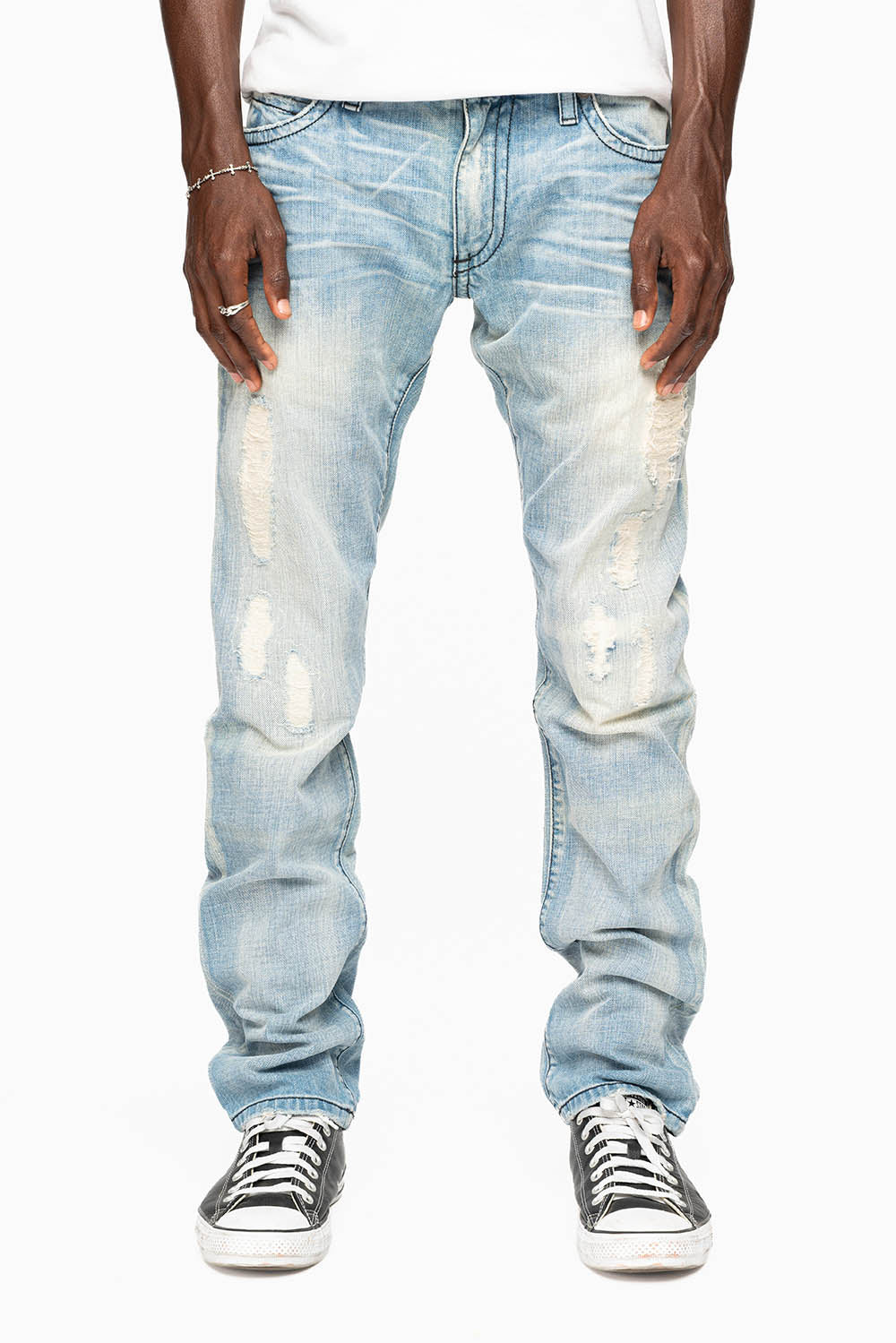 MENS LONG FLAP SLIM JEANS EMBELLISHED WITH CRYSTALS AND STUDS IN SUMMER WASH - Image 3