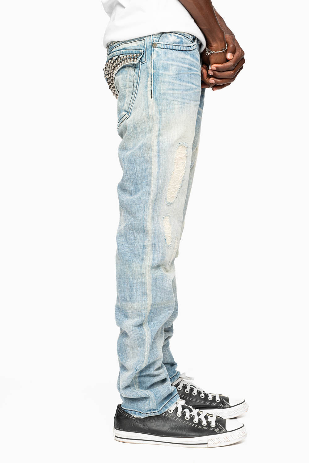 MENS LONG FLAP SLIM JEANS EMBELLISHED WITH CRYSTALS AND STUDS IN SUMMER WASH - Image 4
