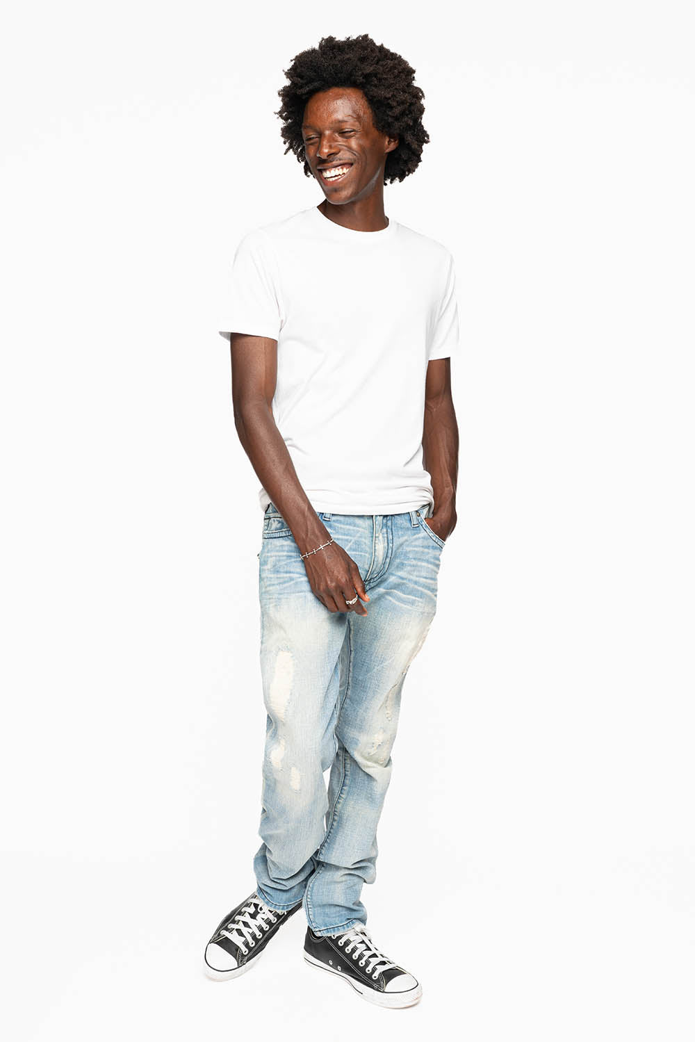 MENS LONG FLAP SLIM JEANS EMBELLISHED WITH CRYSTALS AND STUDS IN SUMMER WASH - Image 7