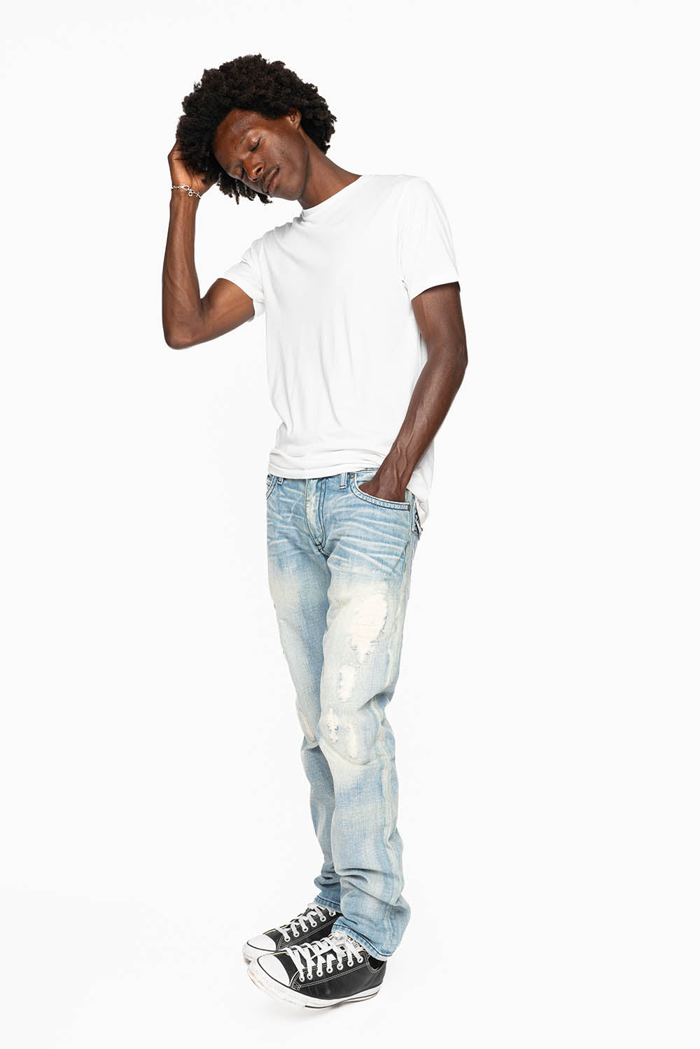 MENS LONG FLAP SLIM JEANS EMBELLISHED WITH CRYSTALS AND STUDS IN SUMMER WASH - Image 8