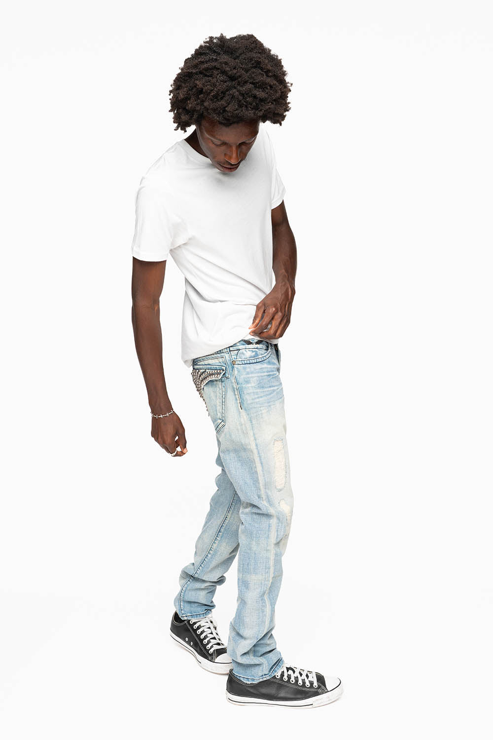 MENS LONG FLAP SLIM JEANS EMBELLISHED WITH CRYSTALS AND STUDS IN SUMMER WASH - Image 9