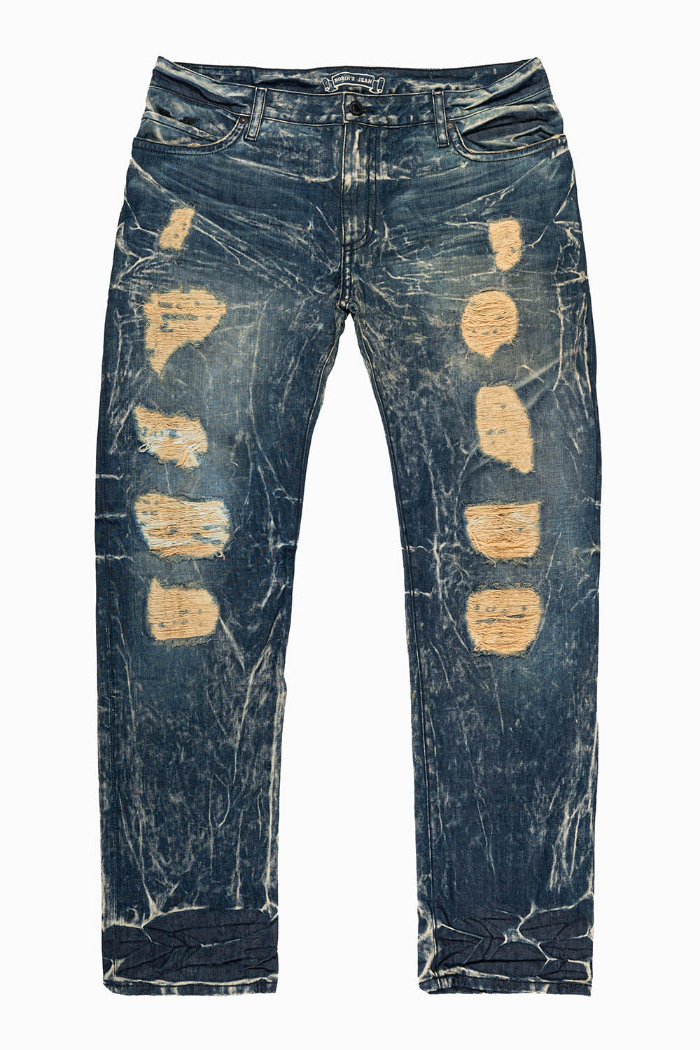 MENS LONG FLAP SLIM JEANS EMBELLISHED WITH CRYSTALS IN BLUE 4D DARK BROKEN  WASH - Image 3
