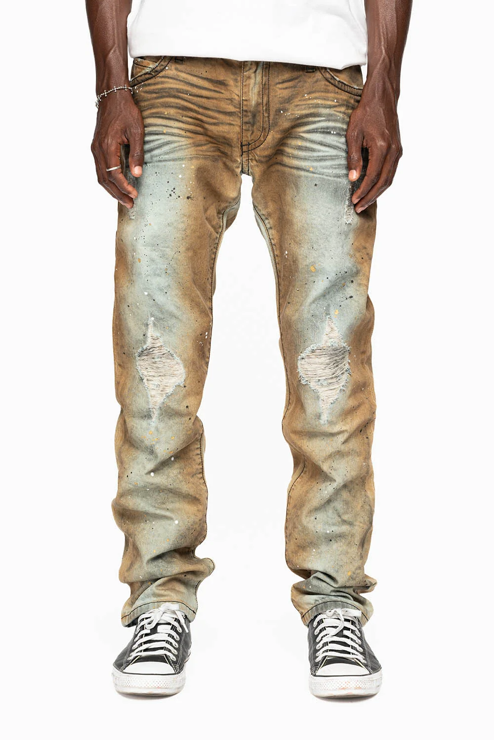 MENS LONG FLAP SLIM JEANS EMBELLISHED WITH CRYSTALS IN STOCKHOLM WASH - Image 3