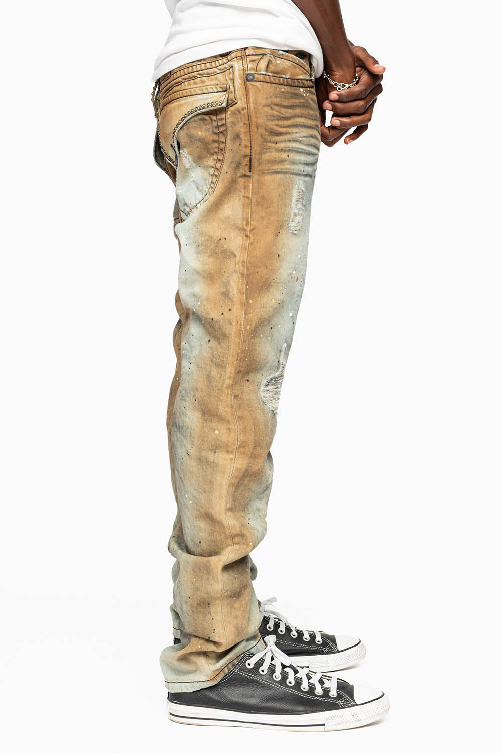MENS LONG FLAP SLIM JEANS EMBELLISHED WITH CRYSTALS IN STOCKHOLM WASH - Image 4