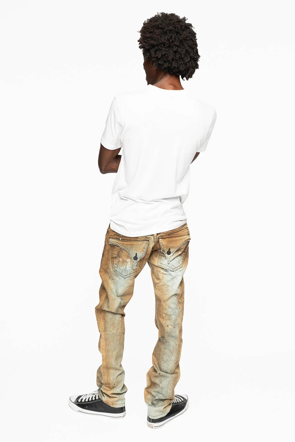 MENS LONG FLAP SLIM JEANS EMBELLISHED WITH CRYSTALS IN STOCKHOLM WASH - Image 5