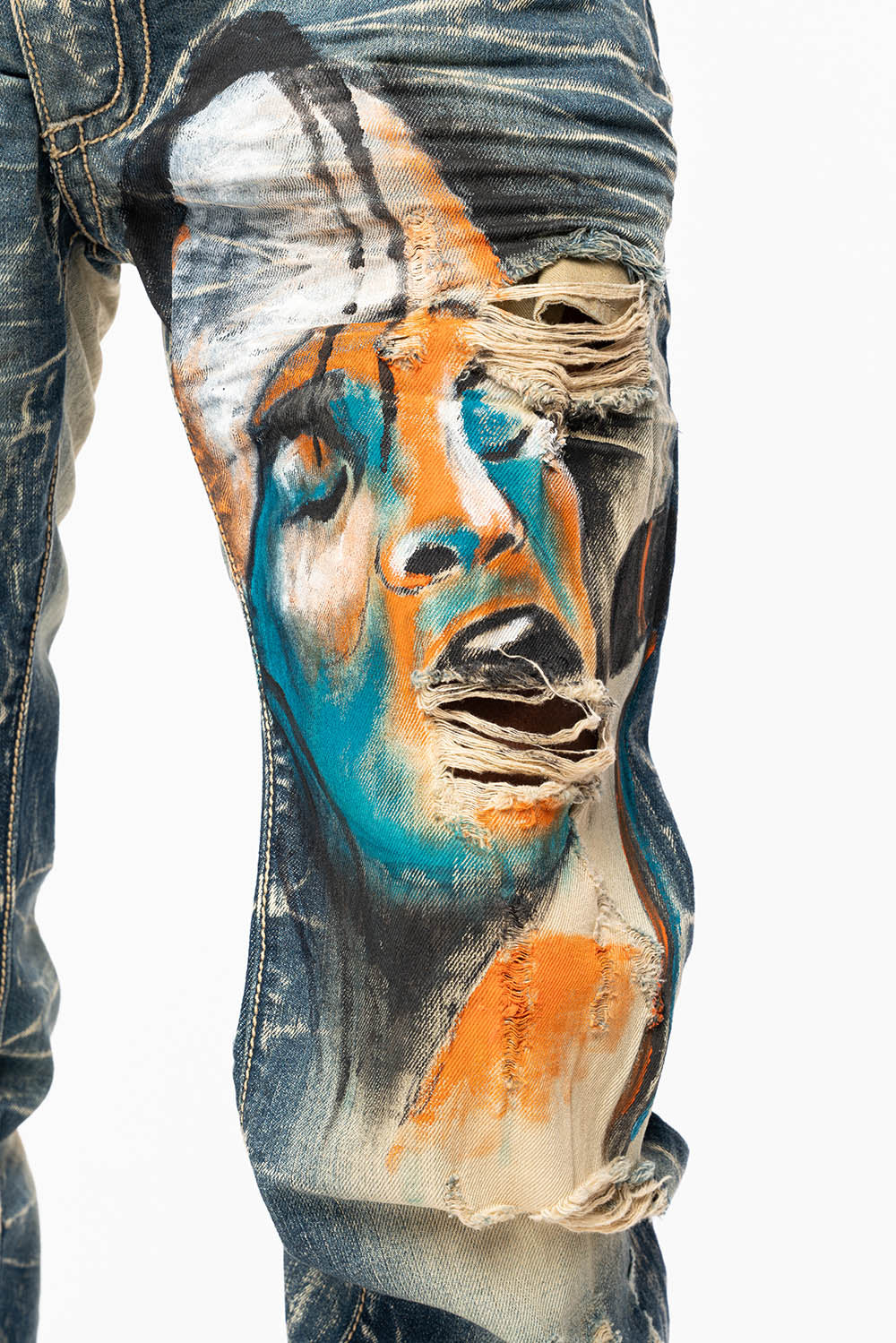 MENS LONG FLAP SLIM JEANS IN 5D DARK BROKEN WASH WITH HAND ORG PAINTED GRAPHI - Image 2