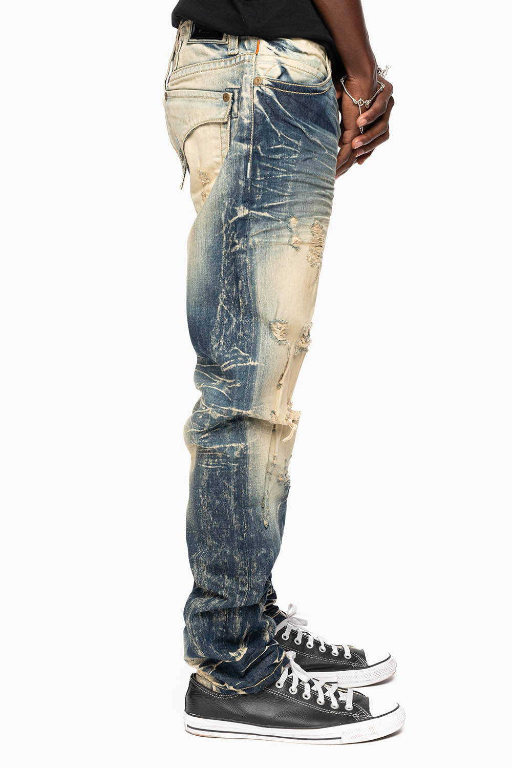 MENS LONG FLAP SLIM JEANS IN 5D DARK BROKEN WASH WITH HAND ORG PAINTED GRAPHI - Image 3