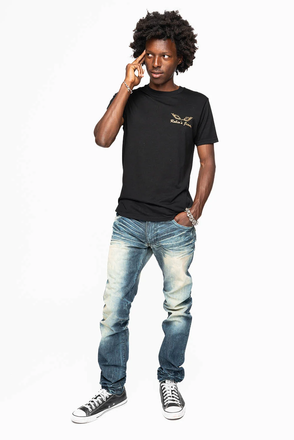MENS LONG FLAP SLIM JEANS IN 5D DARK  WASH EMBELLISHED WITH JET BLK & BLK DIAMOND CRYSTALS - Image 5
