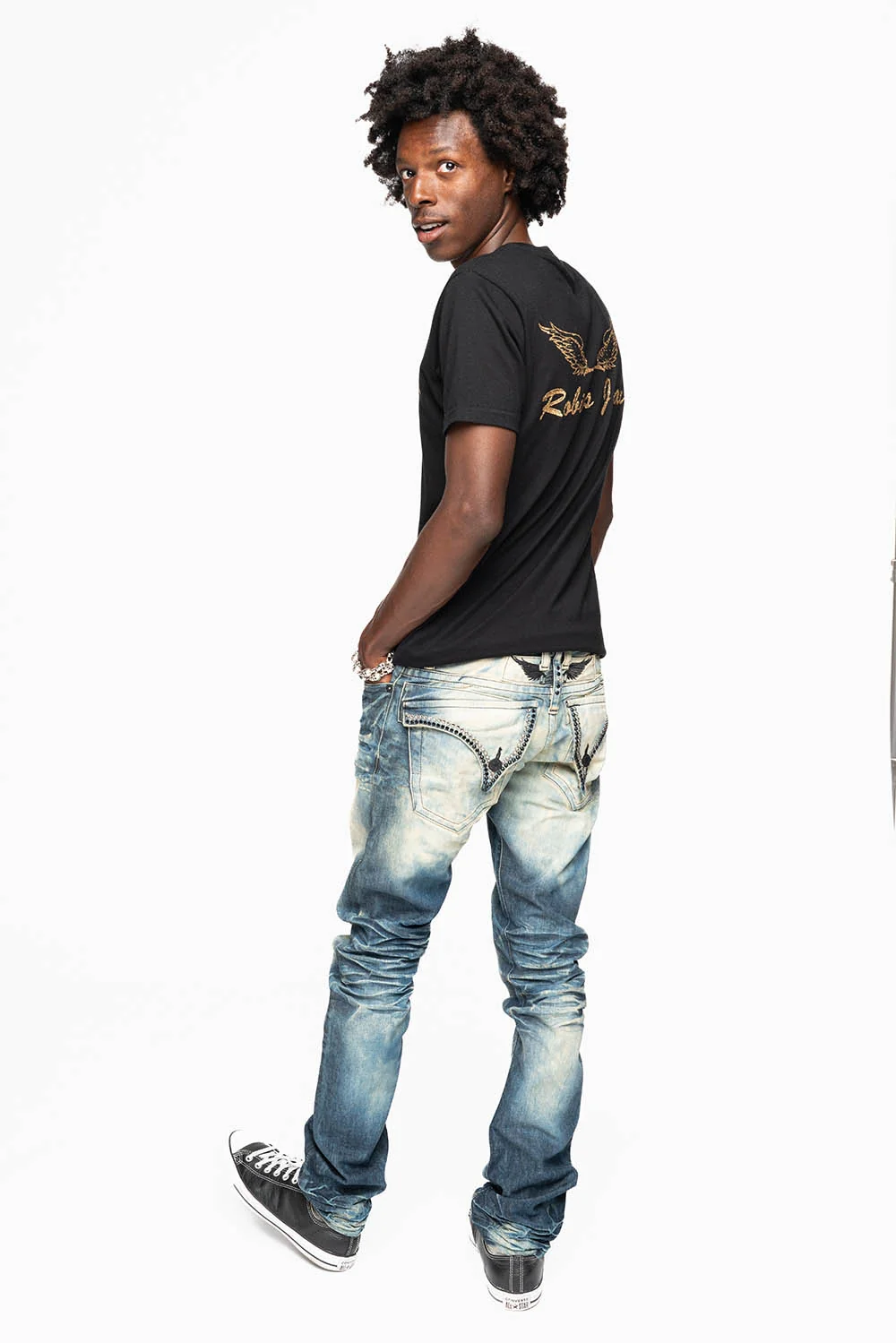 MENS LONG FLAP SLIM JEANS IN 5D DARK  WASH EMBELLISHED WITH JET BLK & BLK DIAMOND CRYSTALS - Image 6