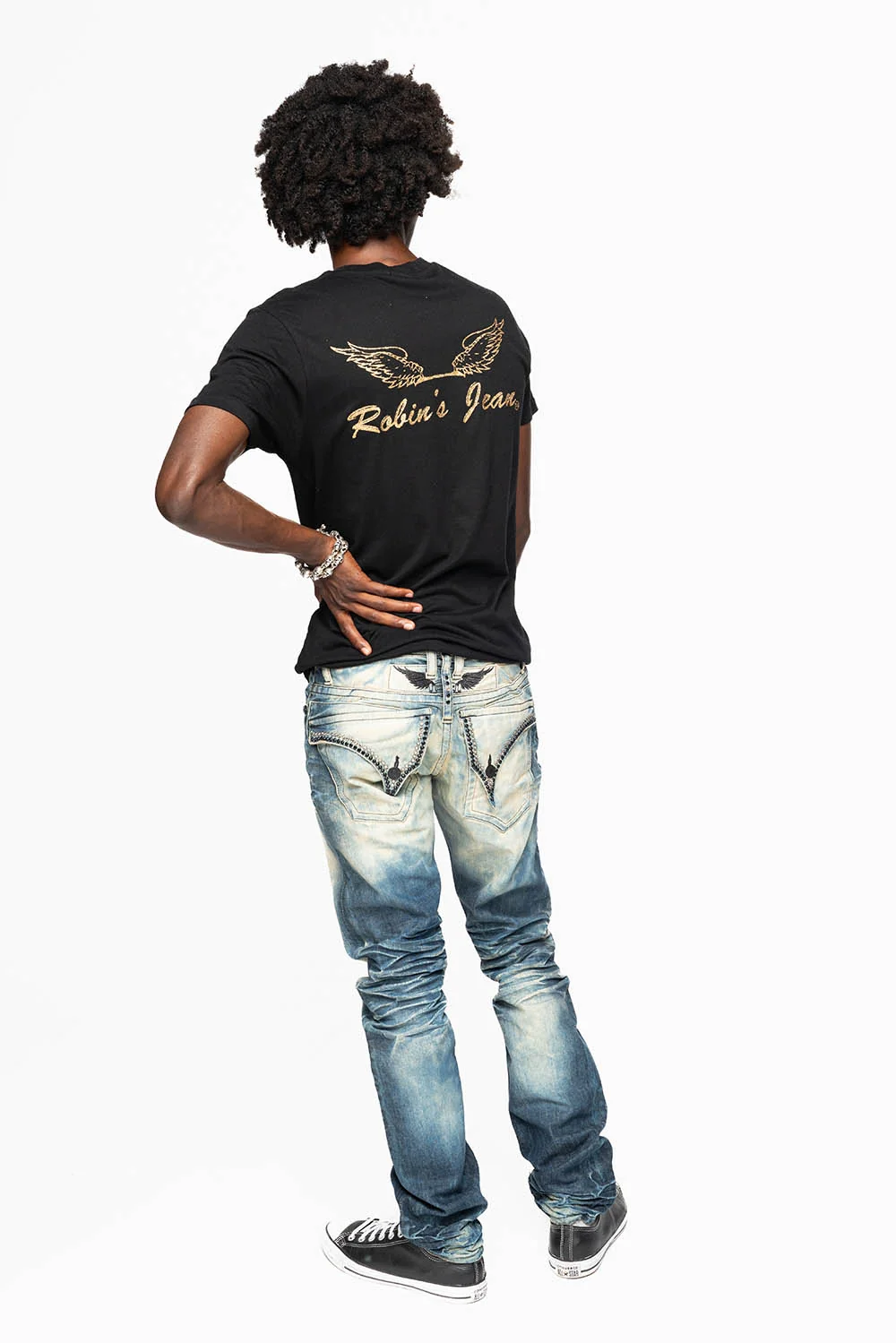 MENS LONG FLAP SLIM JEANS IN 5D DARK  WASH EMBELLISHED WITH JET BLK & BLK DIAMOND CRYSTALS - Image 7