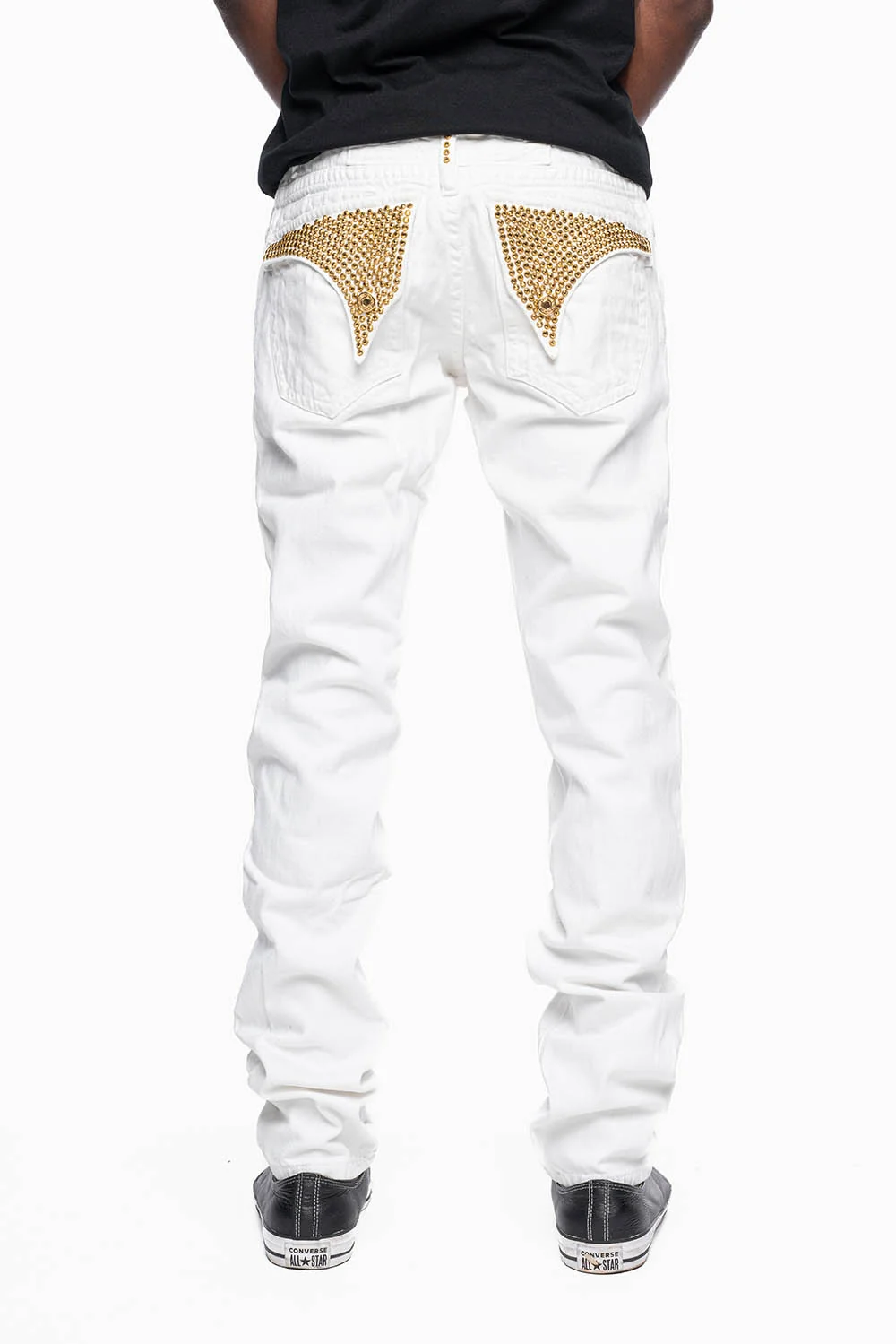 MENS LONG FLAP SLIM JEANS IN WHITE EMBELLISHED WITH GOLD CRYSTALS