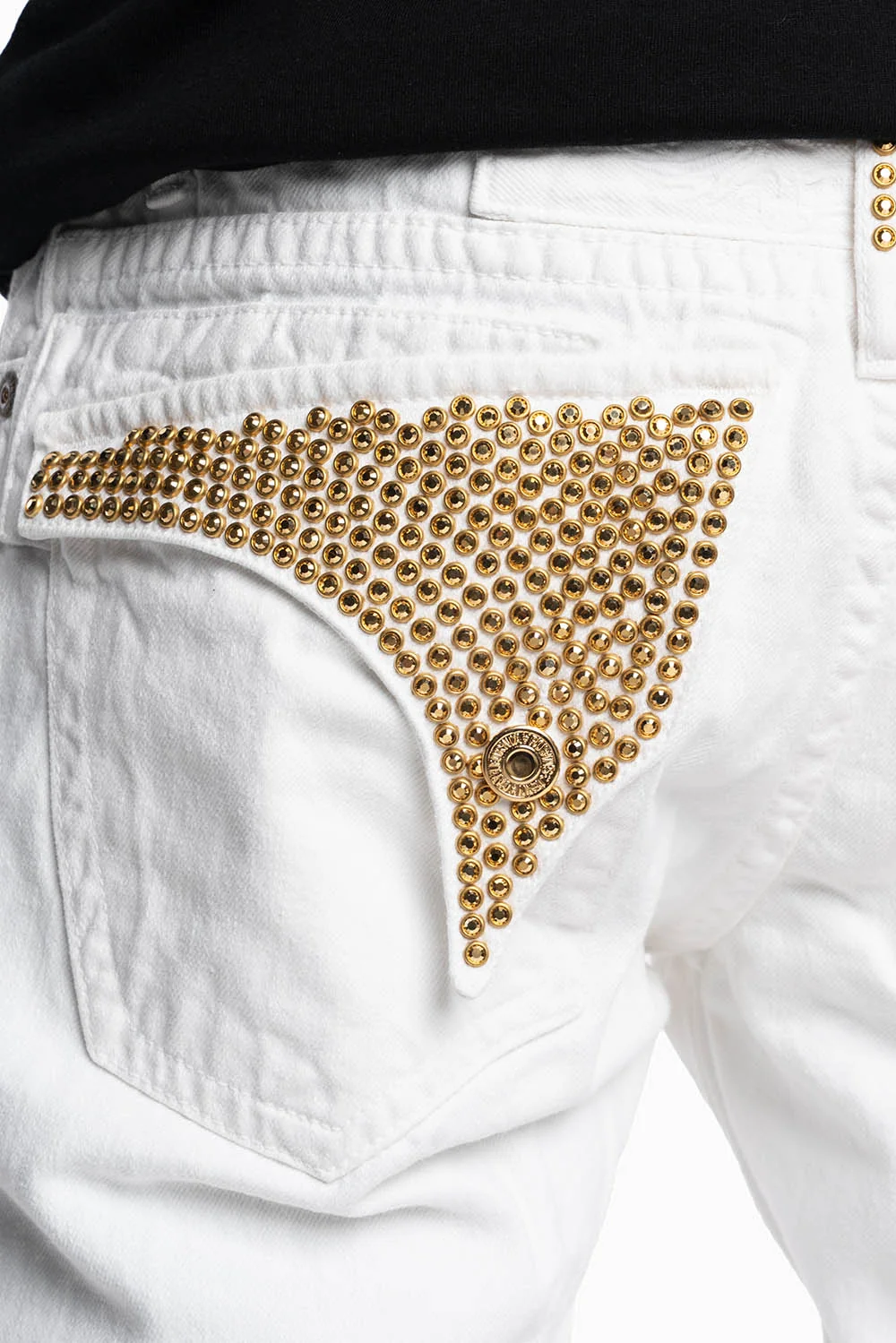 MENS LONG FLAP SLIM JEANS IN WHITE EMBELLISHED WITH GOLD CRYSTALS - Image 2
