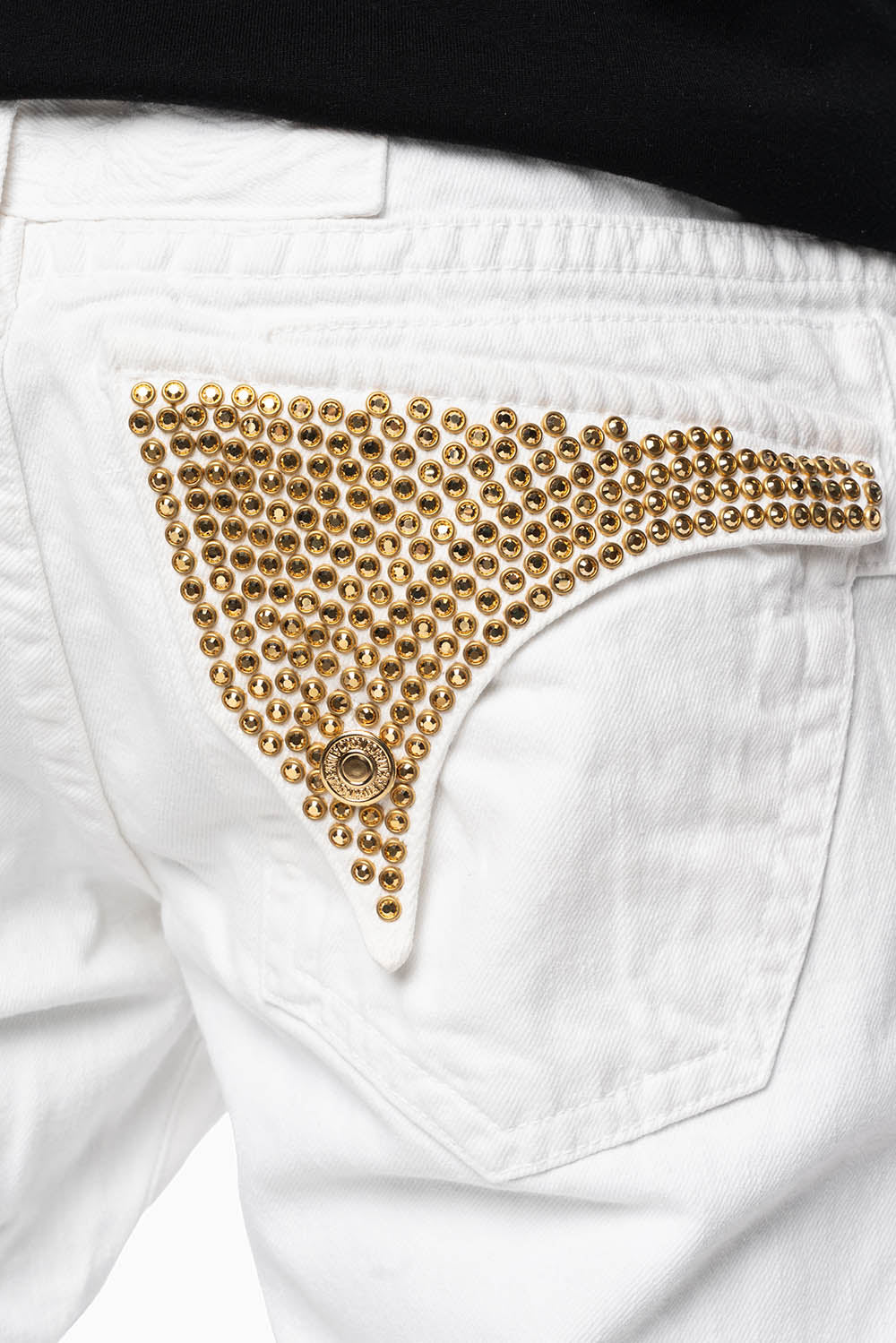 MENS LONG FLAP SLIM JEANS IN WHITE EMBELLISHED WITH GOLD CRYSTALS - Image 3