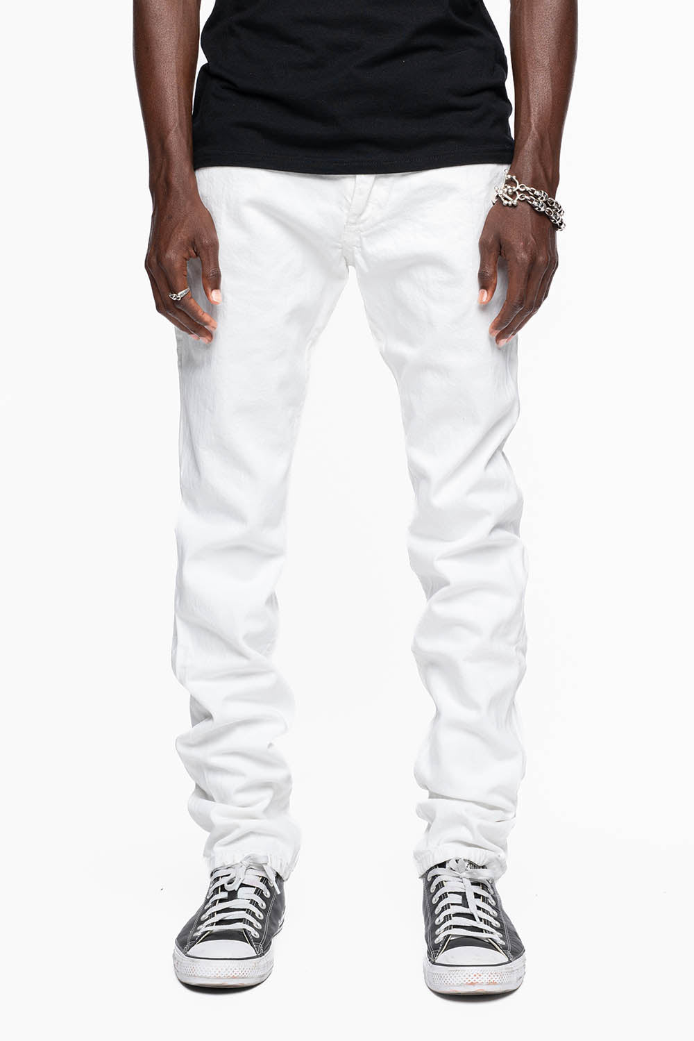 MENS LONG FLAP SLIM JEANS IN WHITE EMBELLISHED WITH GOLD CRYSTALS - Image 4