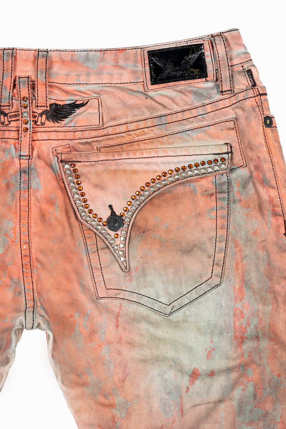 MENS LONG FLAP SLIM JEANS WITH CRYSTALS IN VINTAGE MEDELLIN ORANGE/BROWN WASH - Image 2