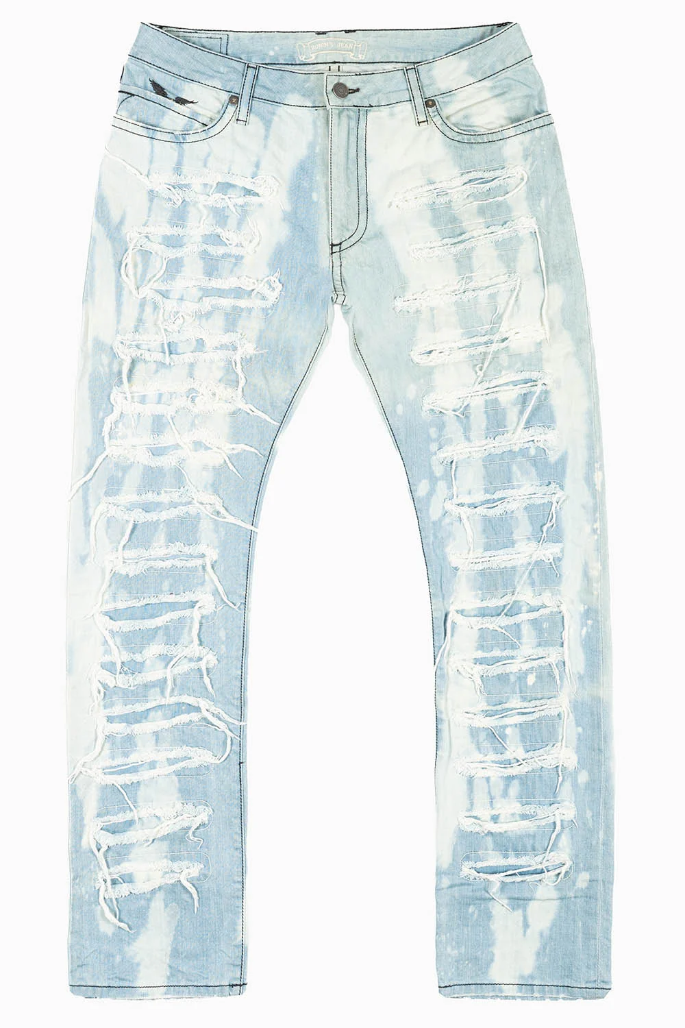 MENS LONG FLAP SLIM RIPPED JEANS IN FLORENCE WASH EMBELLISHED WITH STUDS & CRYSTALS - Image 3