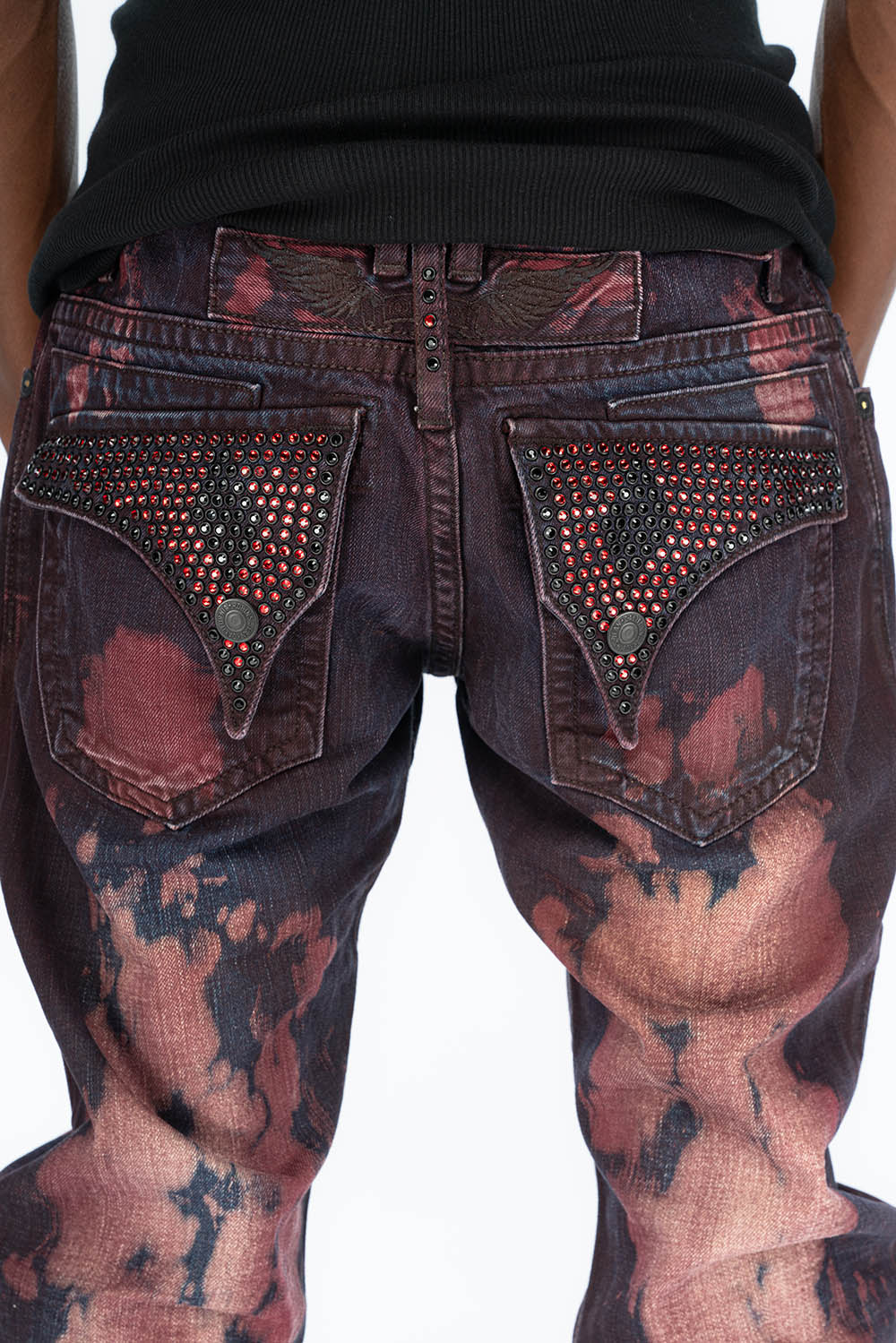 MENS LONG FLAP STRAIGHT CUT JEANS WITH CRYSTALS IN TIPPY RED WASH - Image 4