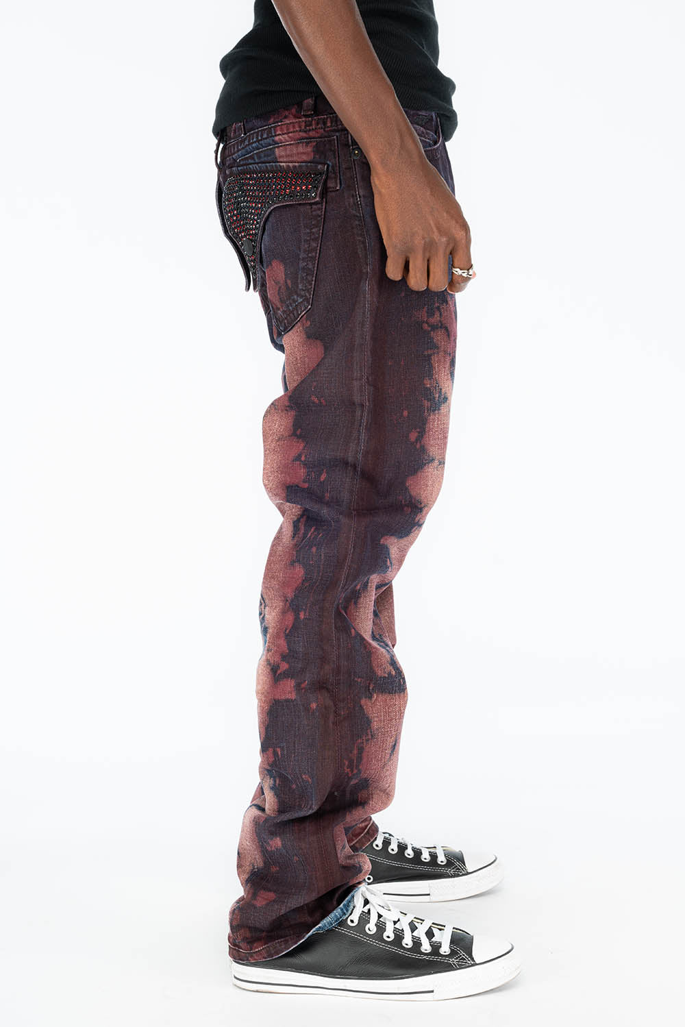 MENS LONG FLAP STRAIGHT CUT JEANS WITH CRYSTALS IN TIPPY RED WASH - Image 5