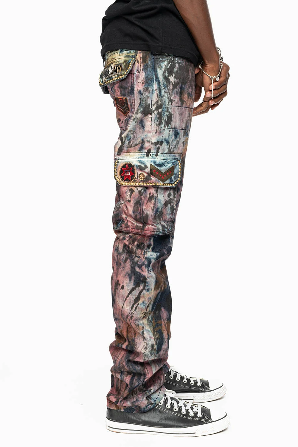 MENS MILITARY JEAN IN BABA RED WASH WITH PATCHES AND AURUM GOLD CRYSTALS - Image 2