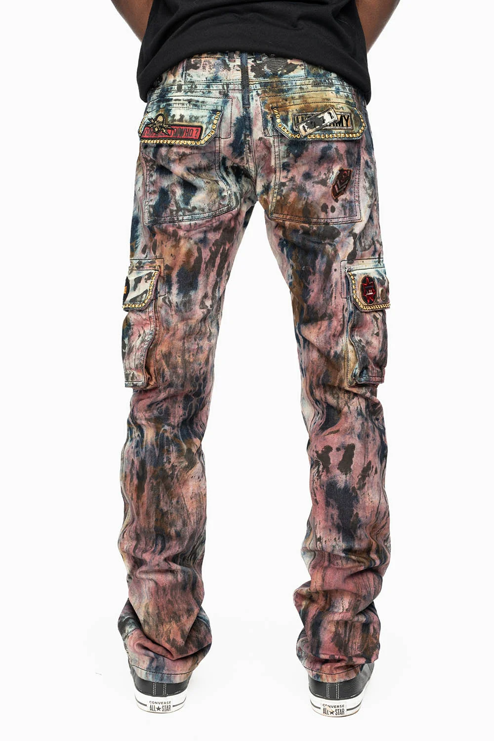 MENS MILITARY JEAN IN BABA RED WASH WITH PATCHES AND AURUM GOLD CRYSTALS - Image 3