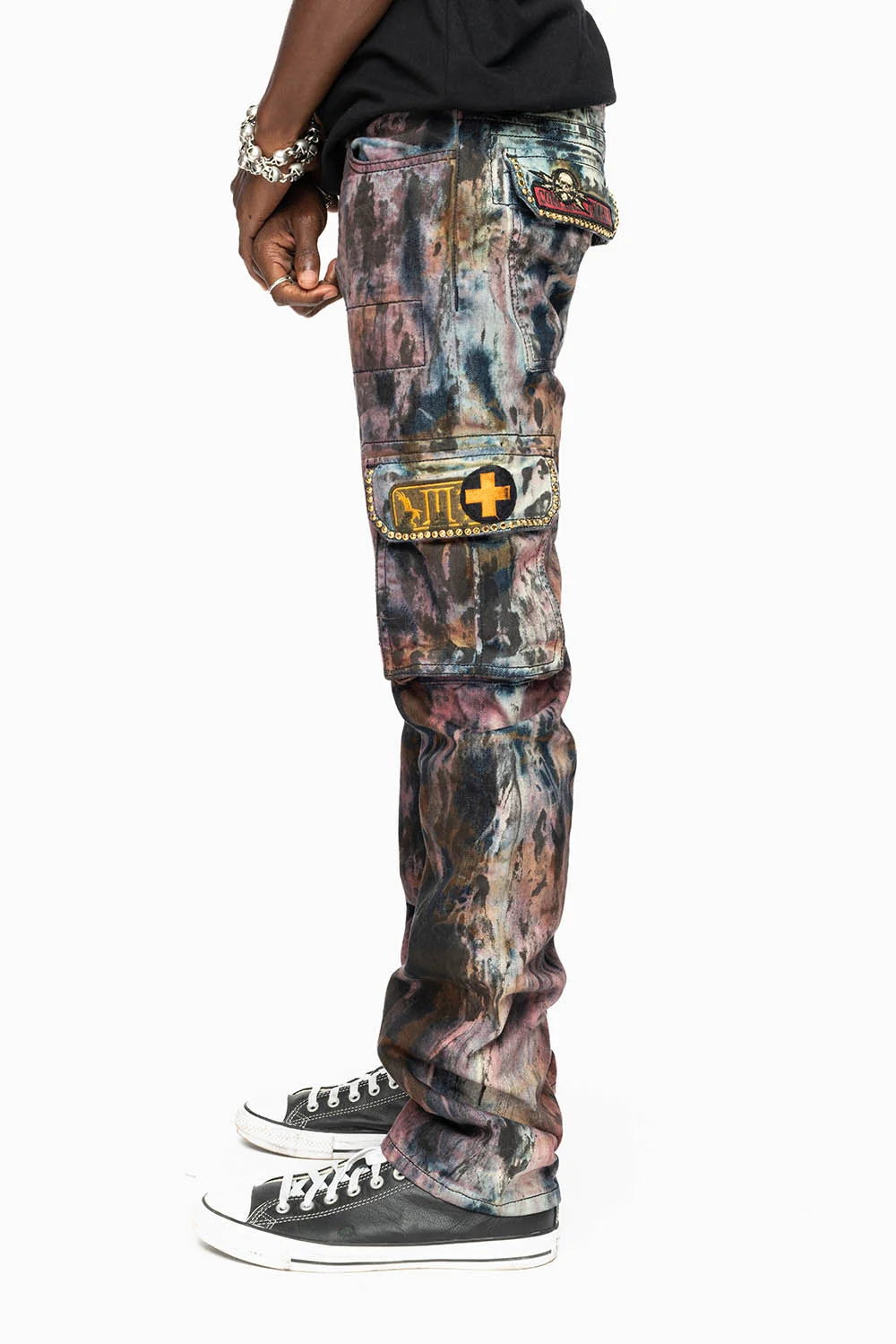MENS MILITARY JEAN IN BABA RED WASH WITH PATCHES AND AURUM GOLD CRYSTALS - Image 4