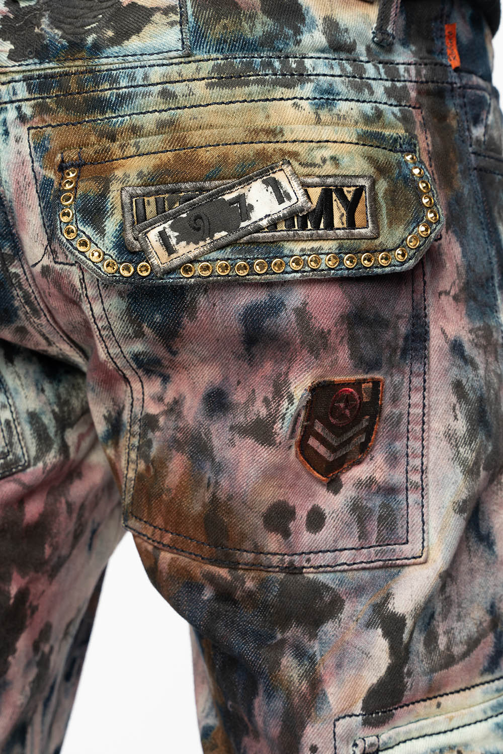 MENS MILITARY JEAN IN BABA RED WASH WITH PATCHES AND AURUM GOLD CRYSTALS - Image 7