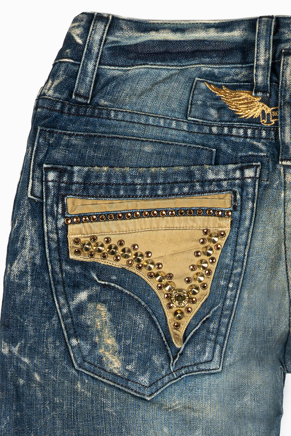 MENS MINI FLAP POCKET SLIM JEANS IN BLUE 4D DARK BROKEN WASH WITH CRYSTALS AND STUDS - Image 2