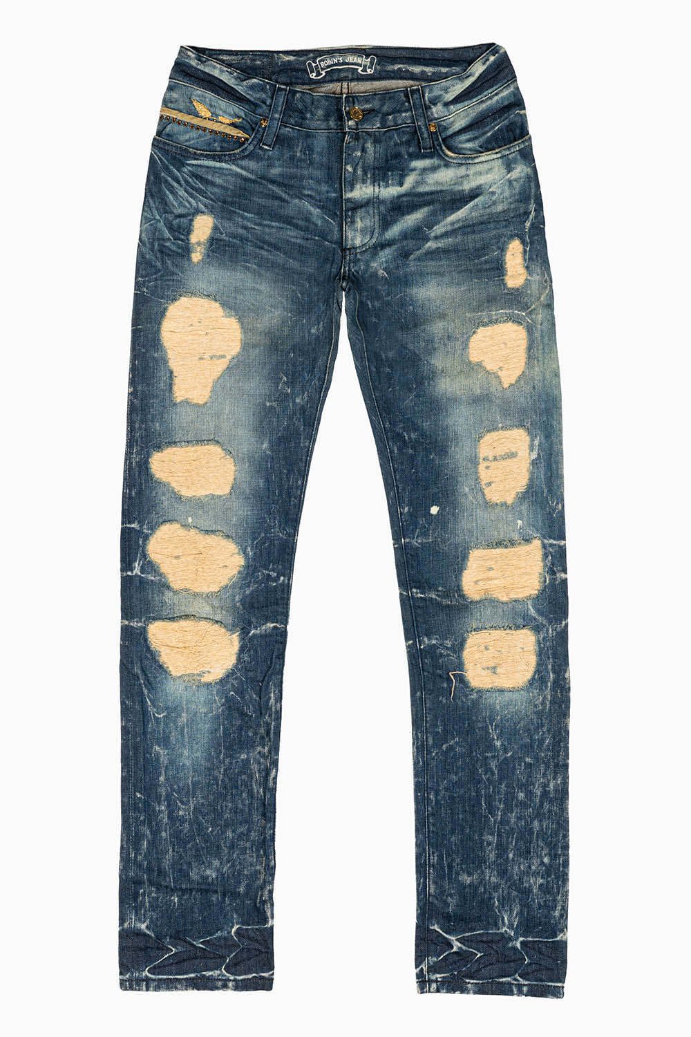 MENS MINI FLAP POCKET SLIM JEANS IN BLUE 4D DARK BROKEN WASH WITH CRYSTALS AND STUDS - Image 3