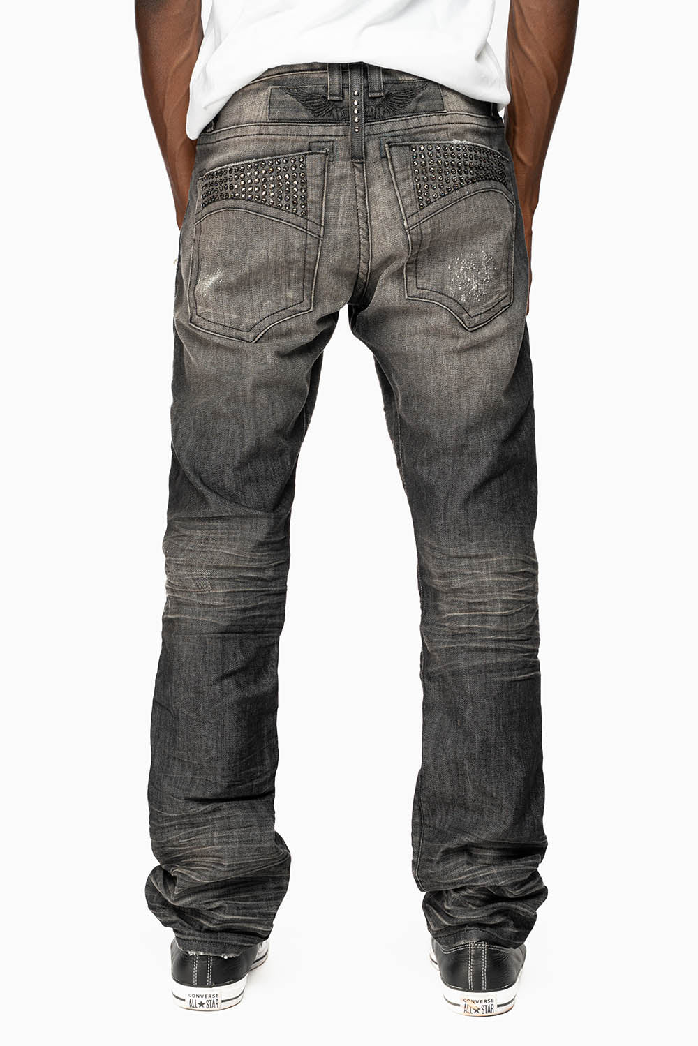 MENS MOTORCYCLE ZIPPERS SLIM JEANS IN ALBANY BLK BROKEN WASH EMBELLISHED WITH CRYSTALS - Image 2