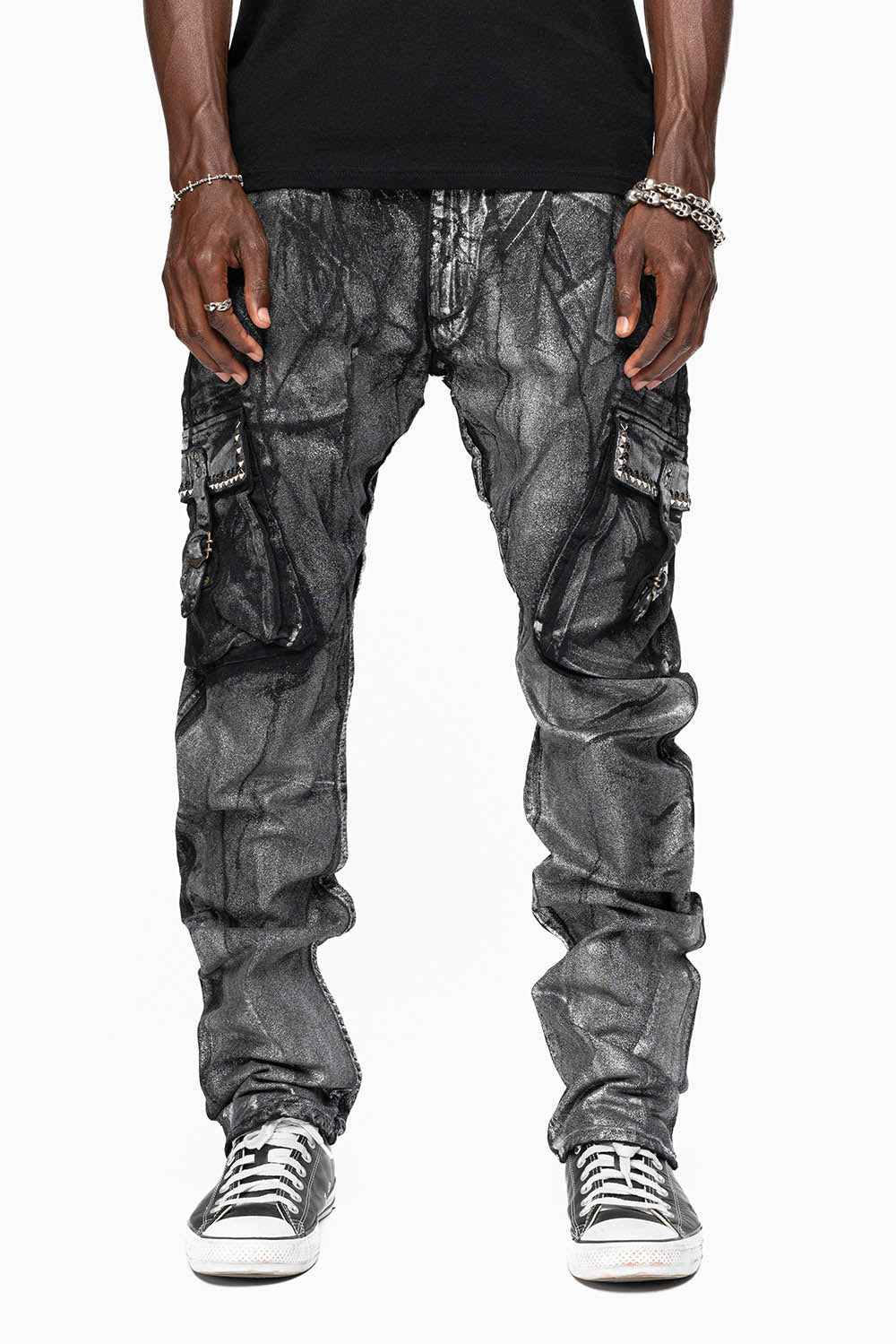 MENS PREDATOR CARGO PANTS IN DECAL SILVER EMBELLISHED WITH CRYSTALS AND STUDS - Image 3