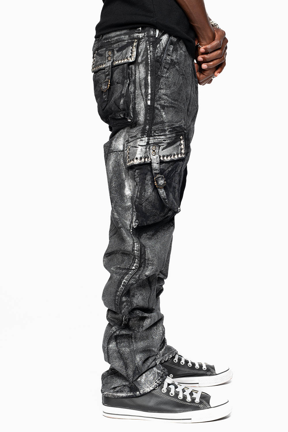 MENS PREDATOR CARGO PANTS IN DECAL SILVER EMBELLISHED WITH CRYSTALS AND STUDS - Image 4